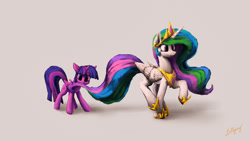 Size: 1920x1080 | Tagged: safe, artist:lollipony, princess celestia, twilight sparkle, twilight sparkle (alicorn), alicorn, pony, biting, cute, duo, duo female, female, hold your horses!, mare, nom, shocked expression, tail bite, twiabetes