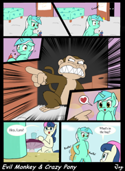 Size: 1200x1650 | Tagged: safe, artist:tikyotheenigma, edit, bon bon, lyra heartstrings, sweetie drops, pony, bipedal, comic, crossover, evil monkey, family guy