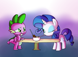 Size: 1237x907 | Tagged: safe, artist:andromedasparkz, rarity, spike, dragon, pony, unicorn, bowl, cute, eyeshadow, female, makeup, male, mare, one eye closed, request, shipping, sparity, straight, table