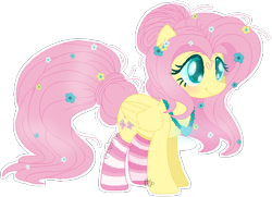 Size: 552x399 | Tagged: safe, artist:wishing-well-artist, fluttershy, pegasus, pony, base used, clothes, flower, flower in hair, flower in tail, jewelry, necklace, simple background, socks, solo, striped socks, transparent background