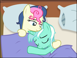 Size: 1500x1141 | Tagged: safe, artist:tritebristle, bon bon, lyra heartstrings, sweetie drops, earth pony, pony, unicorn, bed, bed mane, female, hug, lesbian, lyrabon, messy mane, shipping, sleeping, smiling