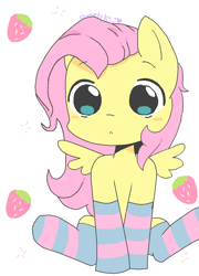 Size: 904x1256 | Tagged: safe, artist:chametzkiwi, fluttershy, pegasus, pony, clothes, food, socks, solo, strawberry, striped socks