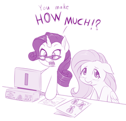 Size: 900x866 | Tagged: safe, artist:dstears, fluttershy, rarity, pegasus, pony, unicorn, blushing, computer, dialogue, duo, embarrassed, female, floppy ears, folder, glasses, grin, horse taxes, keyboard, looking at something, looking away, mare, monitor, monochrome, open mouth, paper, rich, shocked, simple background, smiling, squee, surprised, taxes, white background, wide eyes