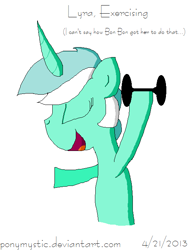 Size: 519x679 | Tagged: safe, artist:ponymystic, lyra heartstrings, pony, unicorn, exercise, female, green coat, horn, mare, two toned mane