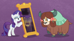 Size: 1280x720 | Tagged: safe, edit, edited screencap, screencap, rarity, yona, earth pony, pony, unicorn, yak, she's all yak, bow, cloven hooves, disney, duo, exploitable, female, hair bow, magic mirror, mare, mirror, purple background, raised hoof, simple background, snow white and the seven dwarfs