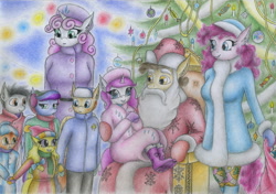 Size: 2329x1641 | Tagged: safe, artist:sinaherib, cheese sandwich, pinkie pie, sweetie belle, oc, oc:amber earring, oc:rainfall, oc:snow blossom, oc:summer wind, oc:sunstone, anthro, anthro oc, christmas tree, clothes, coat, costume, cute, hat, next generation, offspring, older, parent:big macintosh, parent:cheese sandwich, parent:fluttershy, parent:pinkie pie, parent:rainbow dash, parent:soarin', parents:cheesepie, parents:fluttermac, parents:soarindash, santa claus, santa costume, sitting, smiling, traditional art, tree, winter outfit