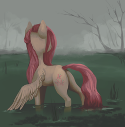 Size: 1500x1531 | Tagged: safe, artist:cobaltthecat, fluttershy, pegasus, pony, fog, looking away, plot, solo, swamp, tree