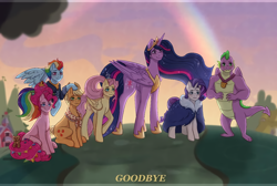 Size: 2000x1346 | Tagged: safe, artist:loni_ee_, derpibooru import, applejack, fluttershy, pinkie pie, princess twilight 2.0, rainbow dash, rarity, spike, twilight sparkle, twilight sparkle (alicorn), alicorn, dragon, earth pony, pegasus, pony, unicorn, the last problem, alternate hairstyle, crown, female, gigachad spike, hoof shoes, jewelry, mane seven, mane six, mare, older, older applejack, older fluttershy, older pinkie pie, older rainbow dash, older rarity, older spike, older twilight, peytral, rainbow, regalia, scene interpretation, sunset, sweet apple acres barn, text, the end, twilight (astronomy), winged spike