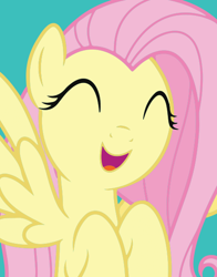 Size: 434x554 | Tagged: safe, fluttershy, pegasus, pony, cute, eyes closed, flying, official, open mouth, shyabetes, simple background, smiling, solo, spread wings, teal background, wings