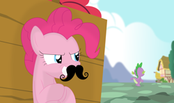 Size: 3564x2112 | Tagged: safe, artist:porygon2z, pinkie pie, spike, dragon, earth pony, pony, facial hair, moustache