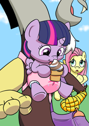 Size: 883x1248 | Tagged: safe, artist:artiecanvas, derpibooru import, discord, fluttershy, twilight sparkle, twilight sparkle (alicorn), alicorn, pegasus, pony, age regression, artiecanvas is trying to murder us, baby, baby bottle, baby pony, babylight sparkle, bag, cute, diaper, filly, filly twilight sparkle, foal, ice cream, poofy diaper, twiabetes, weapons-grade cute