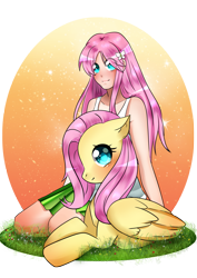 Size: 2480x3507 | Tagged: safe, artist:megu-h, fluttershy, human, pony, clothes, cute, grass, human ponidox, humanized, prone, self ponidox, sitting, skirt, tanktop