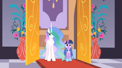 Size: 1280x720 | Tagged: safe, artist:estories, edit, edited screencap, editor:slayerbvc, screencap, princess celestia, twilight sparkle, alicorn, pony, unicorn, the best night ever, accessory-less edit, barehoof, clothes, dress, female, gala dress, grand galloping gala, mare, missing accessory, smiling, vector, vector edit