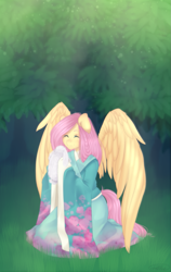 Size: 845x1338 | Tagged: safe, artist:rainbowhitter, angel bunny, fluttershy, anthro, clothes, eyes closed, japan, japanese culture, kimono (clothing), kneeling, smiling