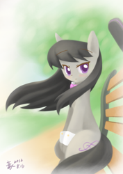 Size: 2480x3508 | Tagged: safe, artist:howxu, octavia melody, earth pony, pony, bench, blushing, looking at you, sitting, smiling, solo