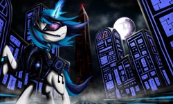 Size: 2500x1500 | Tagged: safe, artist:spiritofthwwolf, dj pon-3, vinyl scratch, pony, unicorn, badass, city, cyberpunk, epic, hmd, moon, night, raised hoof, solo, tron