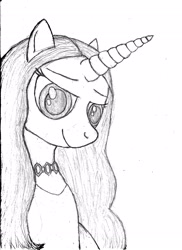 Size: 2550x3507 | Tagged: safe, artist:paskanaakka, oc, oc only, pony, unicorn, bust, female, grayscale, mare, monochrome, solo, traditional art