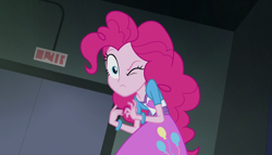 Size: 1904x1090 | Tagged: safe, screencap, pinkie pie, equestria girls, rainbow rocks, balloon, bracelet, clothes, door, faic, jewelry, one eye closed, skirt, solo