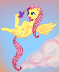 Size: 768x944 | Tagged: dead source, safe, artist:redeverose, fluttershy, butterfly, pegasus, pony, cloud, flying, solo