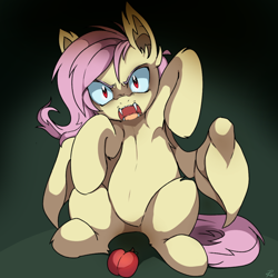 Size: 900x900 | Tagged: safe, artist:pekou, fluttershy, bat pony, pony, bats!, aggressive, angry, apple, armpits, belly button, flutterbat, food, looking at you, race swap, sitting, solo