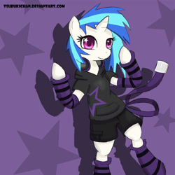 Size: 894x894 | Tagged: safe, artist:tsubukisan, dj pon-3, vinyl scratch, pony, belt, bipedal, clothes, gloves, headphones, hoodie, shorts, socks, solo, striped socks