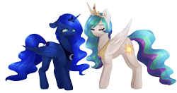 Size: 1280x678 | Tagged: safe, artist:rue-willings, princess celestia, princess luna, alicorn, pony, crown, crying, female, jewelry, mare, regalia, royal sisters, simple background, transparent background