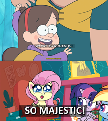 Size: 1280x1440 | Tagged: safe, derpibooru import, screencap, fluttershy, rainbow dash, twilight sparkle, alicorn, pegasus, pony, bighoof walking, my little pony: pony life, spoiler:pony life s01e09, caption, comparison, gravity falls, mabel pines, obligatory pony, so majestic!, subtitles, text