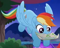 Size: 711x572 | Tagged: safe, derpibooru import, edit, screencap, rainbow dash, pegasus, pony, rainbow roadtrip, cropped, cute, dashabetes, flying, mouth hold