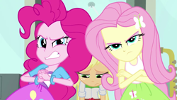 Size: 1280x720 | Tagged: safe, screencap, applejack, fluttershy, pinkie pie, a case for the bass, equestria girls, rainbow rocks, cracking knuckles, wrong neighborhood