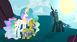 Size: 2592x1408 | Tagged: safe, artist:velveagicsentryyt, princess celestia, queen chrysalis, alicorn, changeling, changeling queen, pony, royal guard, sun