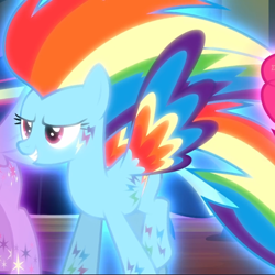 Size: 940x939 | Tagged: safe, derpibooru import, screencap, rainbow dash, pegasus, pony, do princesses dream of magic sheep, cropped, glow, rainbow power, rainbow power-ified, smiling, solo, spread wings, wings