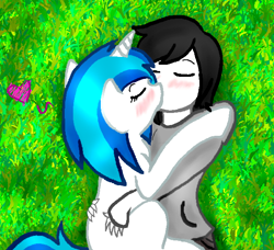 Size: 636x580 | Tagged: safe, artist:dj-sky-storm-117, dj pon-3, octavia melody, vinyl scratch, pony, female, human on pony action, humanized, humanized human on pony action, kissing, lesbian, scratchtavia, shipping