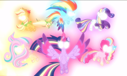 Size: 1560x938 | Tagged: safe, derpibooru import, screencap, applejack, fluttershy, pinkie pie, rainbow dash, rarity, twilight sparkle, twilight sparkle (alicorn), alicorn, earth pony, pegasus, pony, unicorn, do princesses dream of magic sheep, cropped, floating, glow, glowing eyes, glowing horn, group, horn, magic, magic aura, mane six, rainbow power, rainbow power-ified, spread wings, white eyes, wings