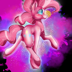 Size: 768x768 | Tagged: safe, artist:xharmany18, pinkie pie, earth pony, pony, abstract background, blushing, solo, walking