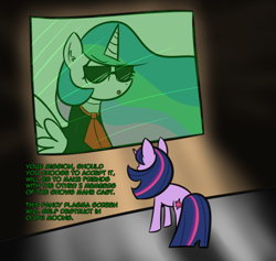 Size: 1280x1212 | Tagged: safe, artist:artiks, princess celestia, twilight sparkle, alicorn, pony, unicorn, atg 2018, clothes, dialogue, mission impossible, newbie artist training grounds, screen, suit, sunglasses