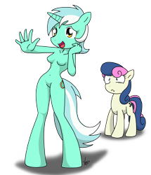 Size: 1976x2296 | Tagged: safe, artist:sandwich-anomaly, bon bon, lyra heartstrings, sweetie drops, anthro, earth pony, pony, unguligrade anthro, barbie doll anatomy, breasts, featureless breasts, skinny