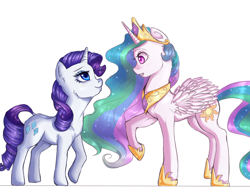 Size: 1900x1484 | Tagged: safe, artist:bubblenote, princess celestia, rarity, alicorn, pony, unicorn, crown, female, lesbian, looking at each other, mare, peytral, rarilestia, regalia, shipping, smiling