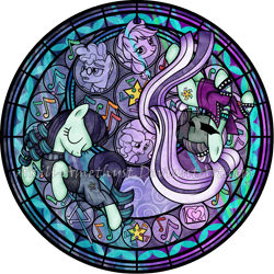 Size: 2100x2100 | Tagged: safe, artist:akili-amethyst, applejack, coloratura, pinkie pie, svengallop, earth pony, pony, countess coloratura, dive to the heart, kingdom hearts, rara, stained glass, watermark