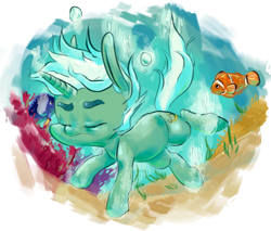 Size: 710x604 | Tagged: dead source, safe, artist:tweissie, lyra heartstrings, fish, pony, unicorn, clownfish, eyes closed, ocean, simple background, solo, swimming, thick eyebrows, transparent background, underwater, water