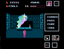 Size: 1127x874 | Tagged: safe, edit, edited screencap, screencap, pinkie pie, princess celestia, alicorn, earth pony, pony, cave, floating head, friday the 13th, video game