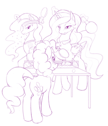 Size: 858x1000 | Tagged: safe, artist:dstears, pinkie pie, princess celestia, princess luna, alicorn, earth pony, pony, clothes, female, glowing horn, magic, mane hold, mare, monochrome, shirt, simple background, table tennis, telekinesis, white background