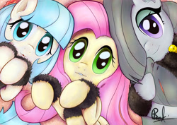 Size: 1366x969 | Tagged: safe, artist:raftclan, coco pommel, fluttershy, marble pie, earth pony, pegasus, pony, cocobetes, cute, female, hair over one eye, hooves to the chest, hug, looking at you, marblebetes, mare, on back, pillow, pillow hug, shyabetes, the council of shy ponies, trio, weapons-grade cute, wristband, wrong eye color