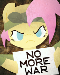 Size: 1200x1500 | Tagged: safe, artist:hackd, fluttershy, pegasus, pony, alternate timeline, angry, anti-war, bust, crystal war timeline, female, frown, glare, holding, hoof hold, looking at you, mare, no pupils, pacifism, politics in the comments, portrait, sign, solo