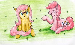 Size: 2706x1626 | Tagged: safe, artist:40kponyguy, derpibooru exclusive, fluttershy, pinkie pie, butterfly, earth pony, pegasus, pony, cross-eyed, eyes closed, laughing, traditional art