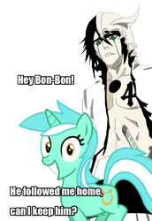Size: 705x1023 | Tagged: safe, bon bon, lyra heartstrings, sweetie drops, bleach (manga), crossover, simple background, text, transparent background, ulquiorra cifer