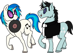 Size: 900x655 | Tagged: safe, artist:philosophypony, dj pon-3, neon lights, rising star, vinyl scratch, pony, unicorn, female, male, record, shipping, straight, vinylights