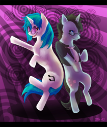 Size: 810x963 | Tagged: safe, artist:zihur, dj pon-3, neon lights, rising star, vinyl scratch, pony, unicorn, dancing, female, male, shipping, straight, vinylights