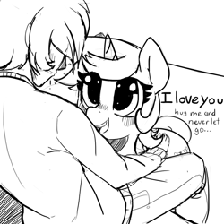 Size: 840x840 | Tagged: safe, artist:mewball, lyra heartstrings, human, pony, unicorn, black and white, bronybait, dialogue, female, grayscale, male, mare, monochrome