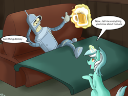 Size: 1600x1200 | Tagged: safe, artist:annakitsun3, lyra heartstrings, beer, bender bending rodriguez, crossover, futurama