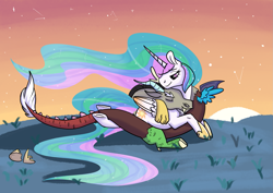 Size: 1757x1246 | Tagged: safe, artist:carouselcoffee, discord, princess celestia, alicorn, draconequus, pony, colored wings, constellation, cute, discute, dislestia, eyes closed, female, gradient wings, grass, hoof shoes, male, shipping, smiling, straight, sunset, underhoof